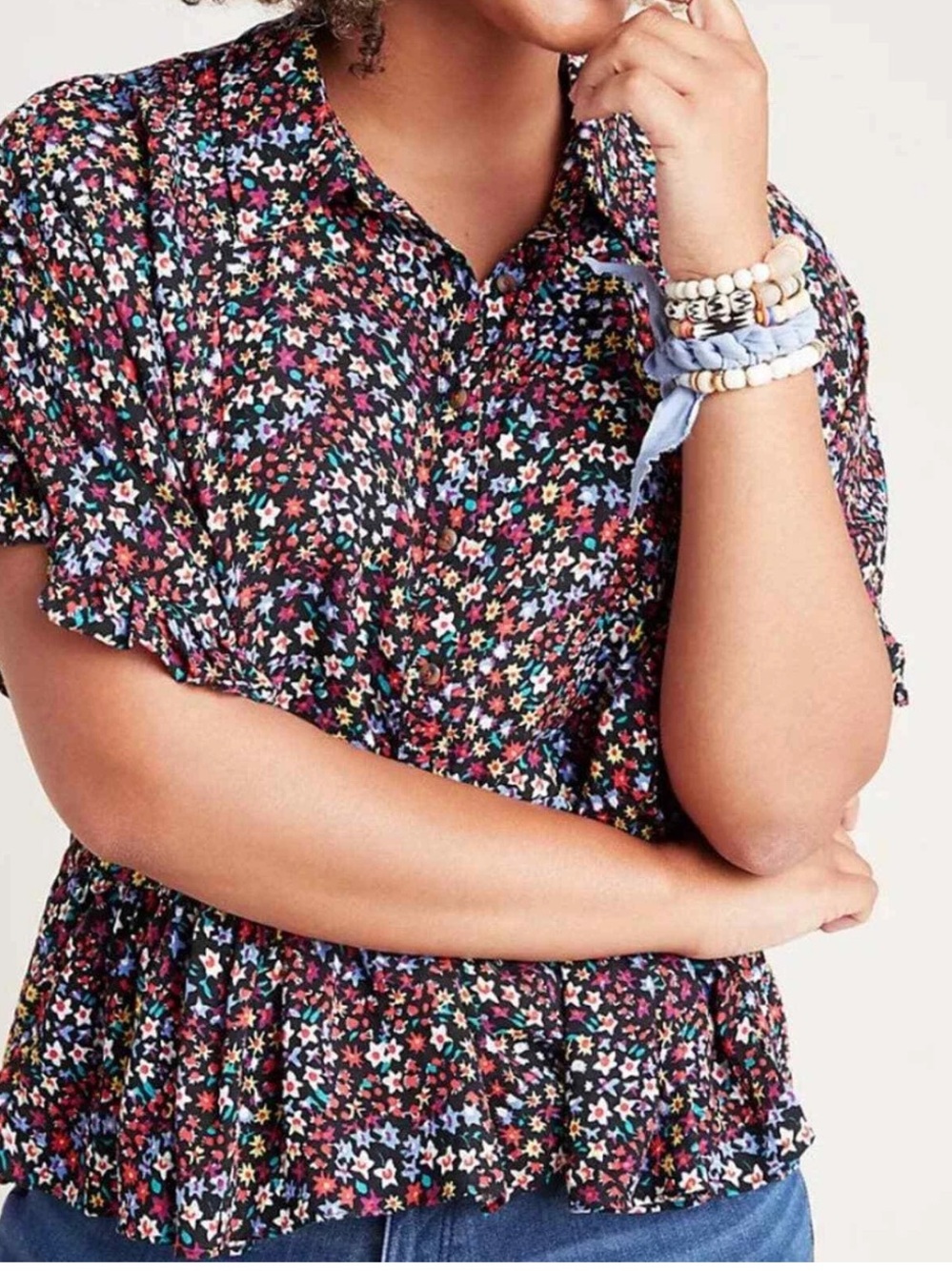 Anthropologie Maeve  Black Multi Floral Button-Front Peplum Top